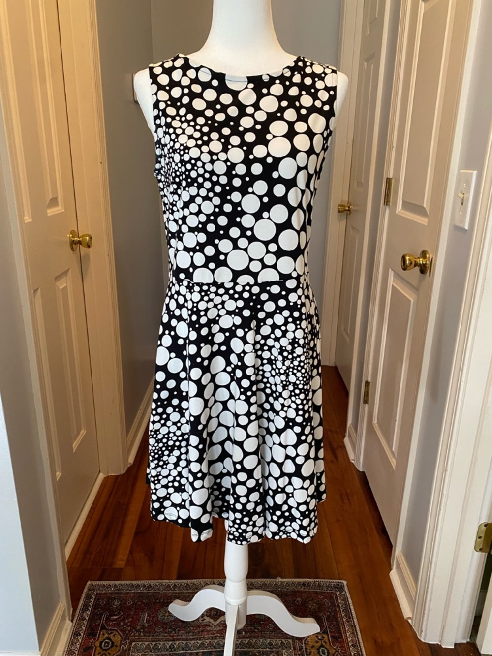 Sleeveless Black & White Polka Dot Fit-and-Flare Midi Dress